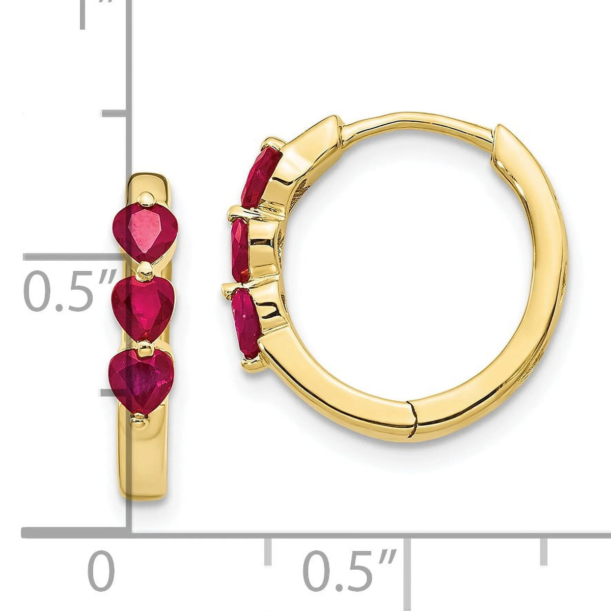 10K Yellow Gold Created Ruby Hinged Hoop Earrings O671