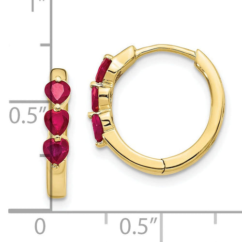 10K Yellow Gold Created Ruby Hinged Hoop Earrings O671