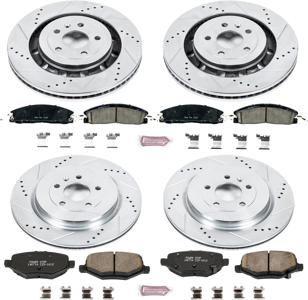 Front and Rear Carbon Fiber Brake Pads with Drilled & Slotted Brake Rotors Kit W8040