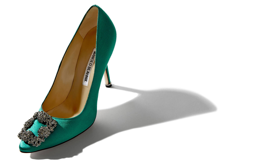 Green Satin Jewel Buckle Pumps D689426