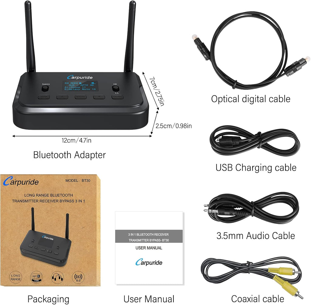 Bluetooth 5.0 Audio Adapter with Screen, Optical RCA AUX Coaxial Z269925