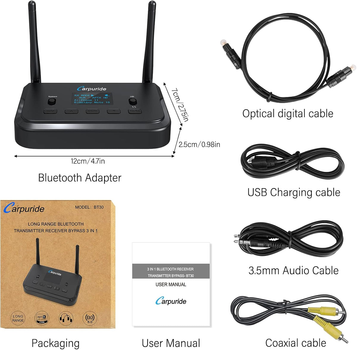 Bluetooth 5.0 Audio Adapter with Screen, Optical RCA AUX Coaxial Z269925
