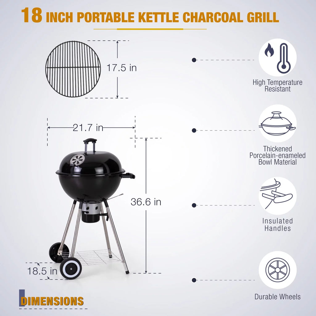 18" Portable Kettle Charcoal BBQ Grill J580