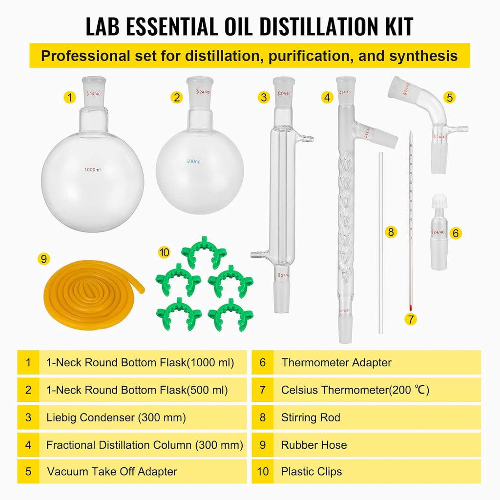 13pcs Borosilicate Glass Distillation Apparatus Kit with 1000ml Round Bottom Flask J69120