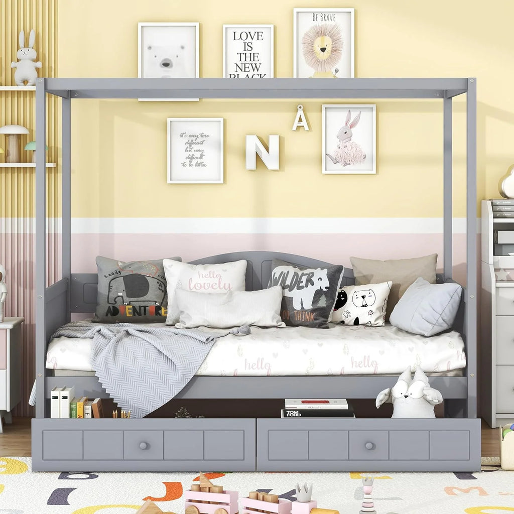 Gray Wood Canopy Bed with Storage and 2 Drawers Z64712