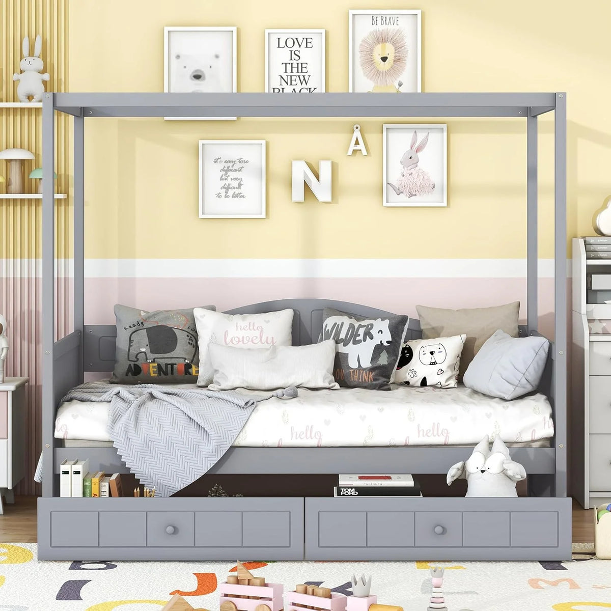 Gray Wood Canopy Bed with Storage and 2 Drawers Z64712