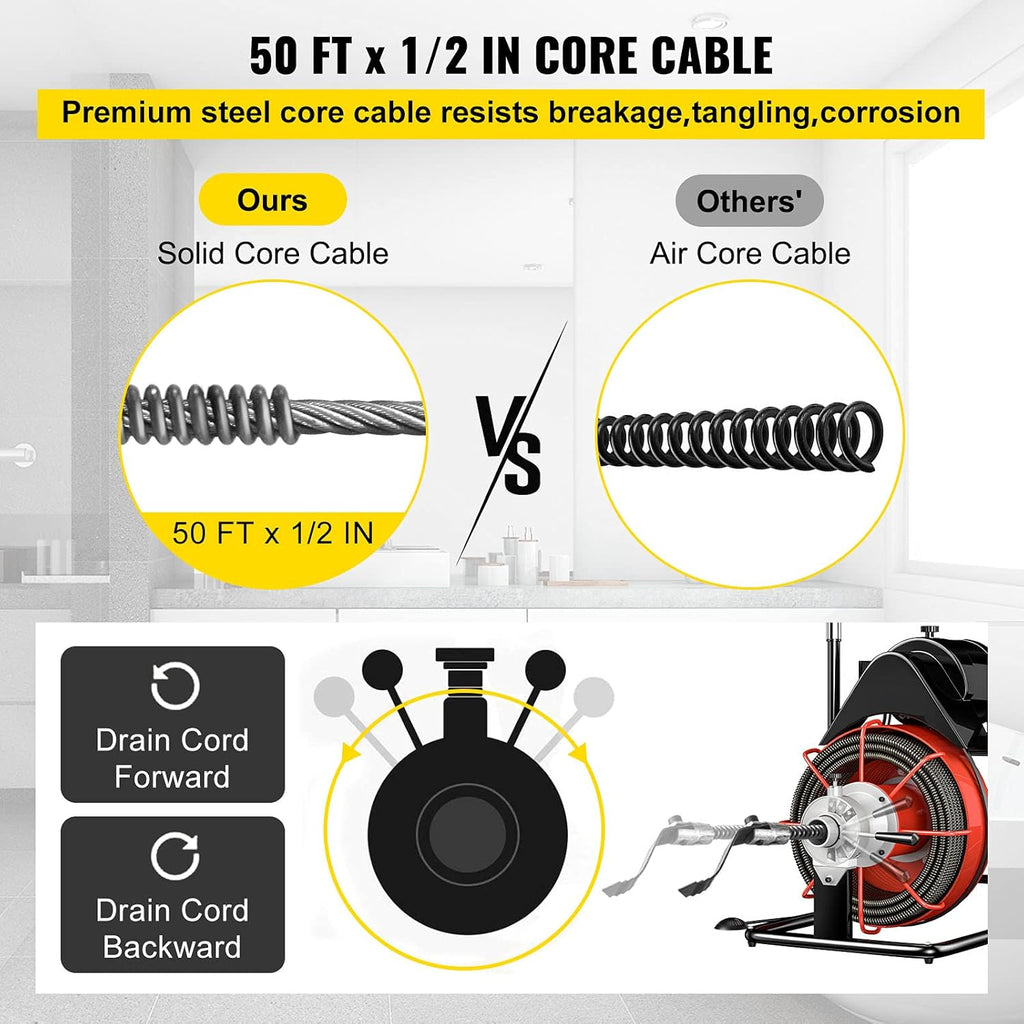 50 Ft x 1/2 Inch Portable Electric Drain Auger Cleaner D458