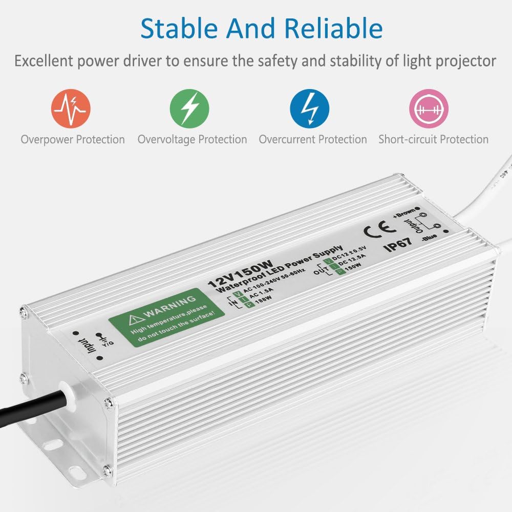 LEDMO IP67 Power Supply 300 Watts DC12V 25A AC/DC Driver Transformer Adapter Low Voltage Output with 3-Prong Plug 3.3 Feet Cable E1658