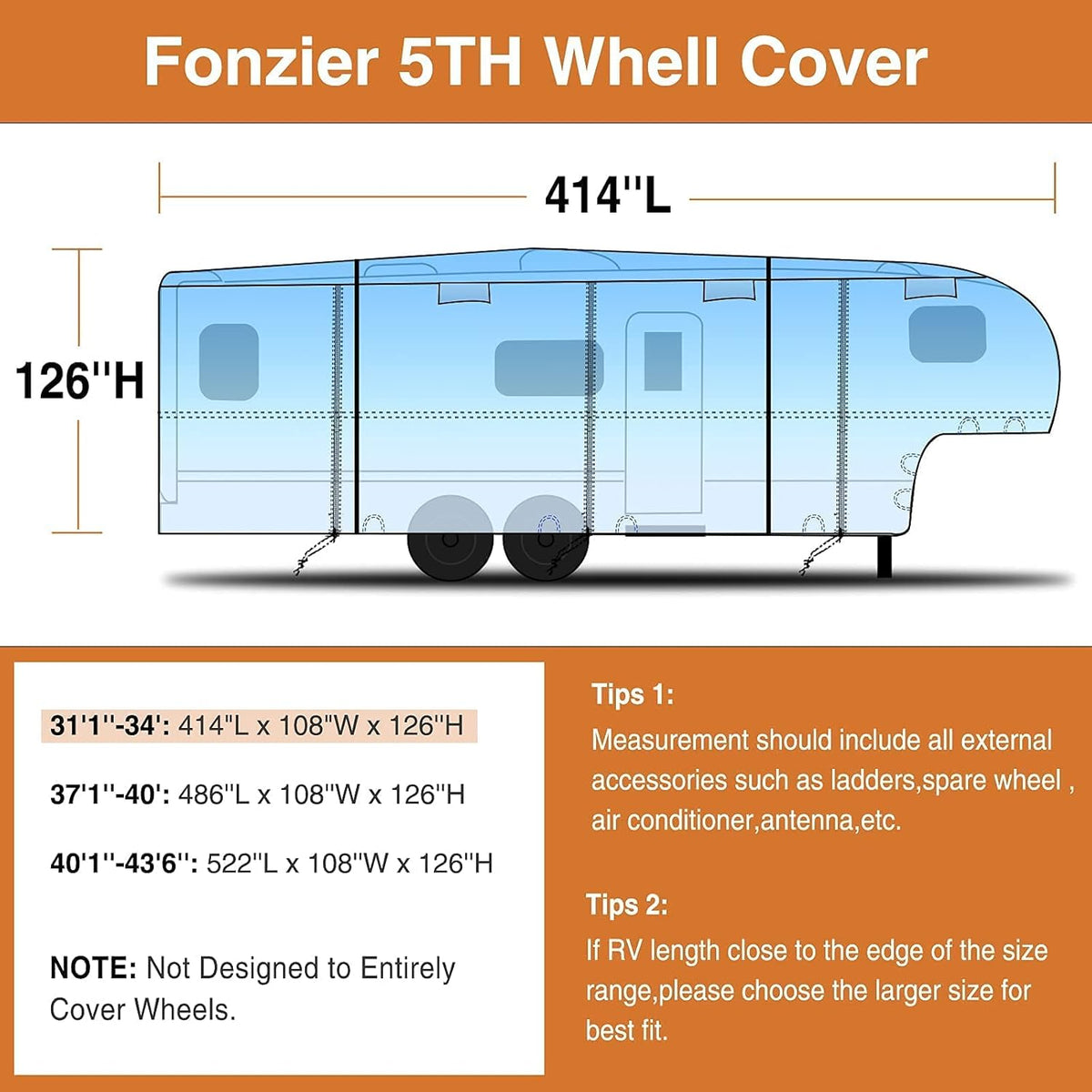 6 Layers Top 5th Wheel RV Cover Anti-UV Camper Cover Breathable Rip-Stop with 2Pcs Extra Straps & Gutter Spout Covers R813