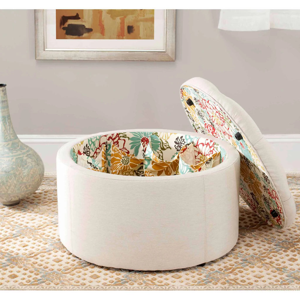 Off-White Floral Round Shoe Storage Ottoman Y5323