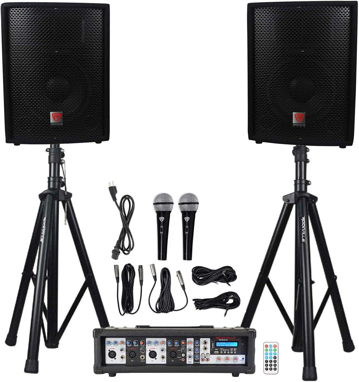 PA System Mixer/Amp with 10" Speakers, Stands, Mics, Bluetooth C14992