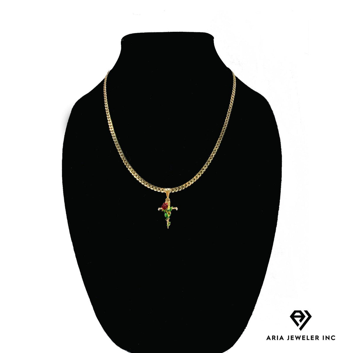 14k Bonded Gold Necklace with Red Rose Cross Pendant, 14K Cuban Chain Necklace U2956