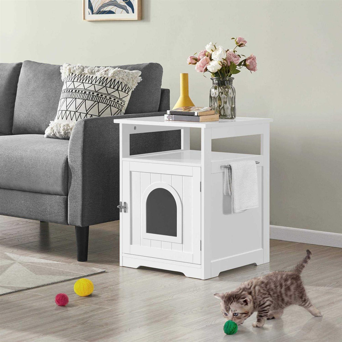 White Wooden Cat Litter Box with Open Shelf D912207