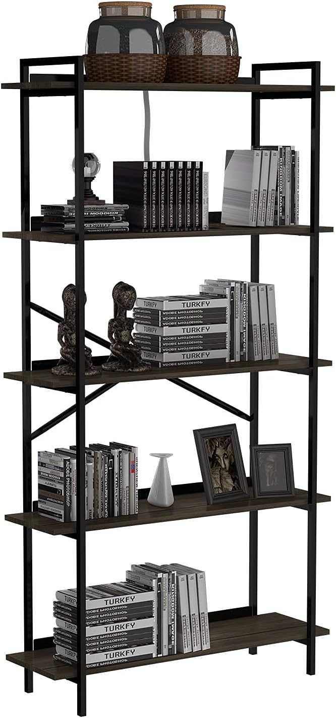 5-Tier Dark Brown Wooden Bookcase with Metal Frames J1128