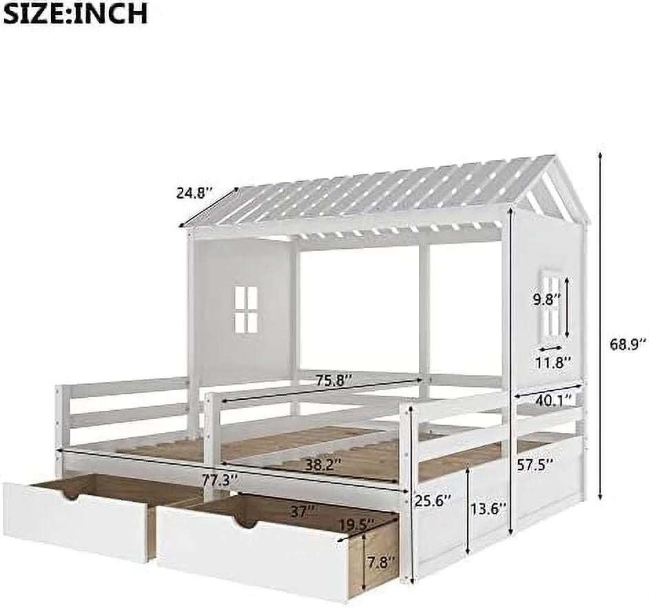 White Wood House Bed with 2 Platform Beds and Storage Drawers O9355
