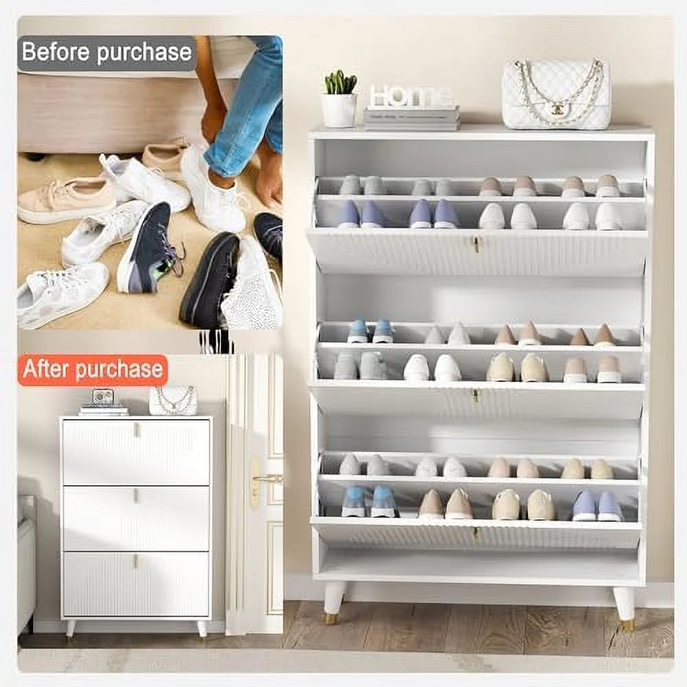 Slim White Shoe Cabinet with Flip Drawer C5464