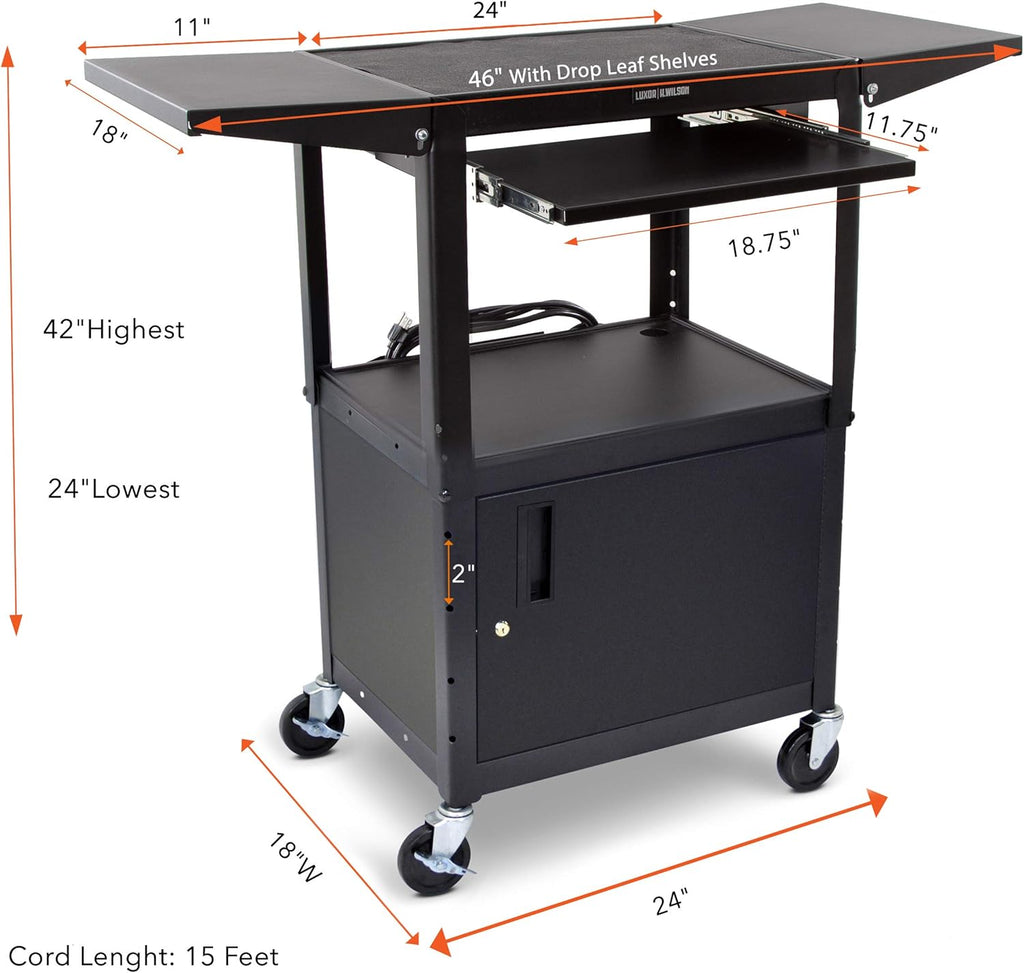 Black Height Adjustable Utility Cart with Locking Cabinet and Drop Leaves E961