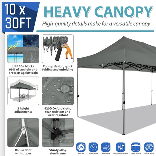 10'x30' Heavy Duty Pop Up Canopy Tent with 8 Removable Sidewalls, Grey A2098