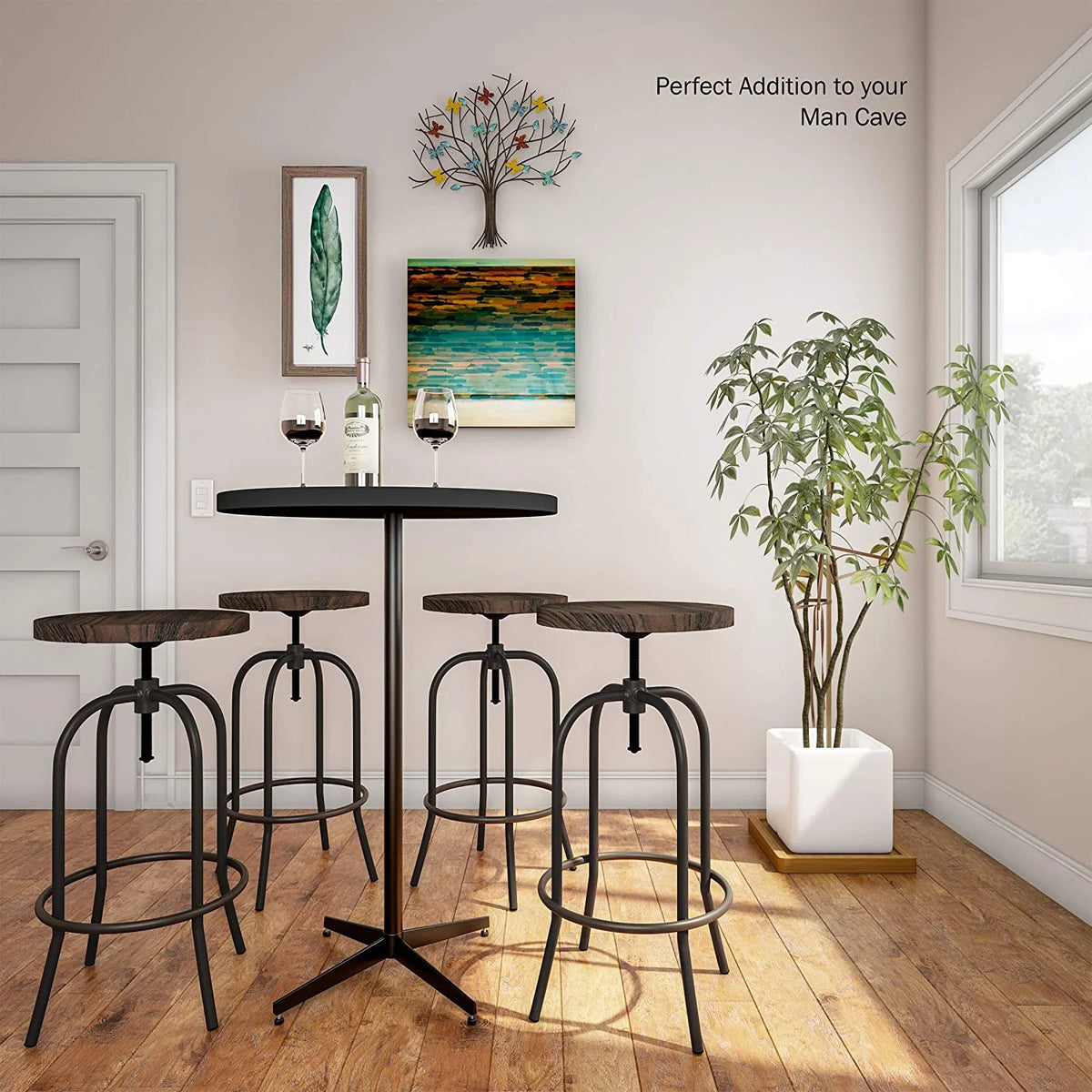 Swivel Adjustable Backless Bar or Counter Height Metal Stool with Elm Wood Seat H2455