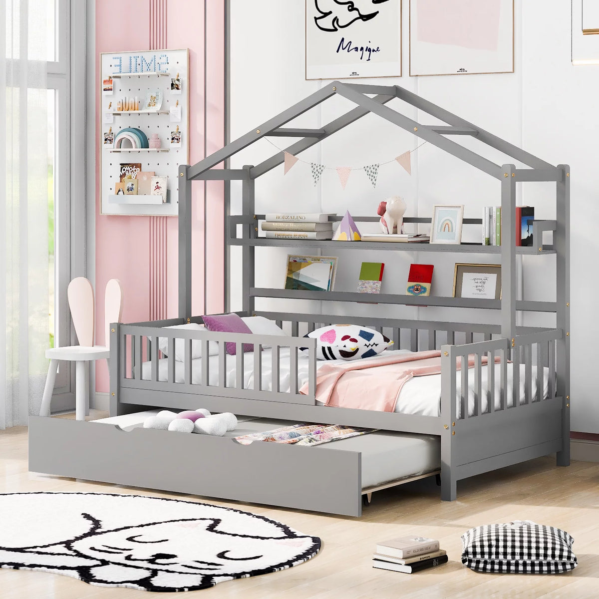 Wood Twin Size House Bed with Bookcase and Trundle E82367