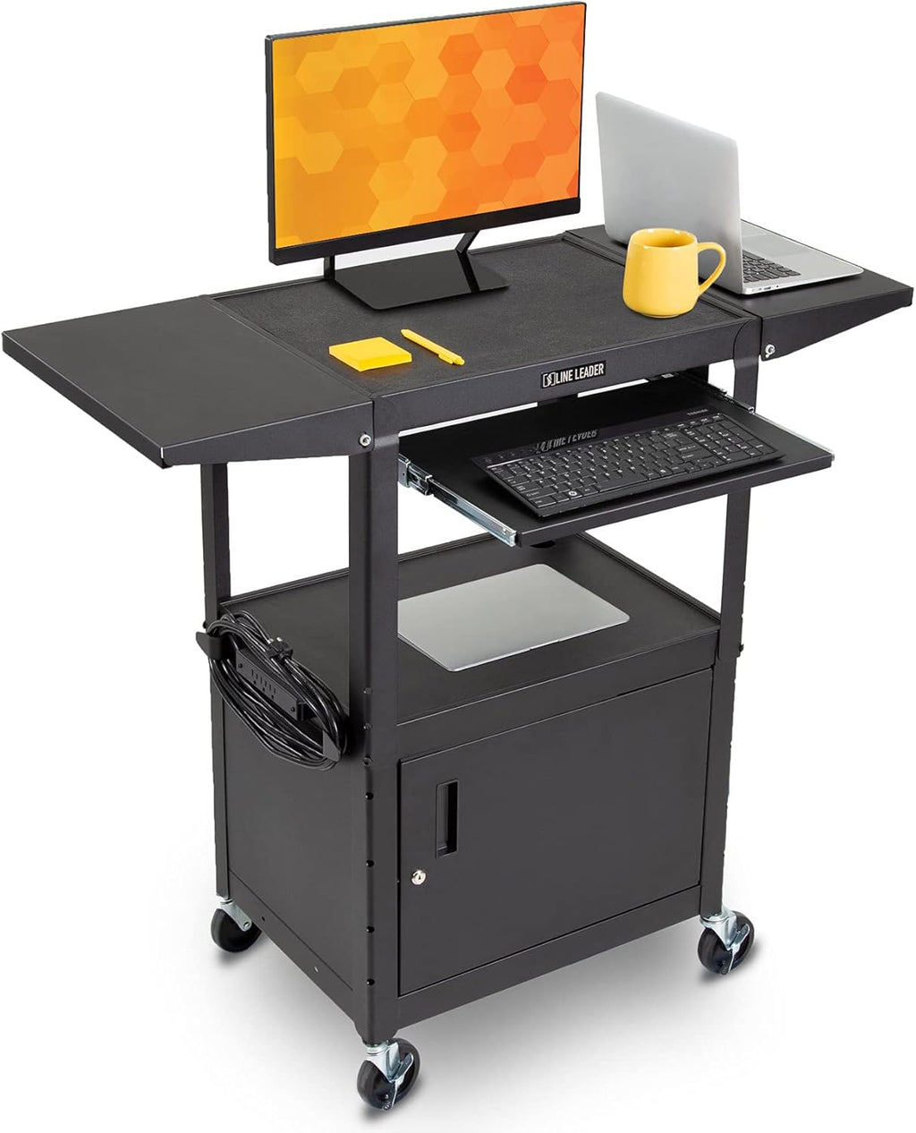 Black Height Adjustable Utility Cart with Locking Cabinet and Drop Leaves E961