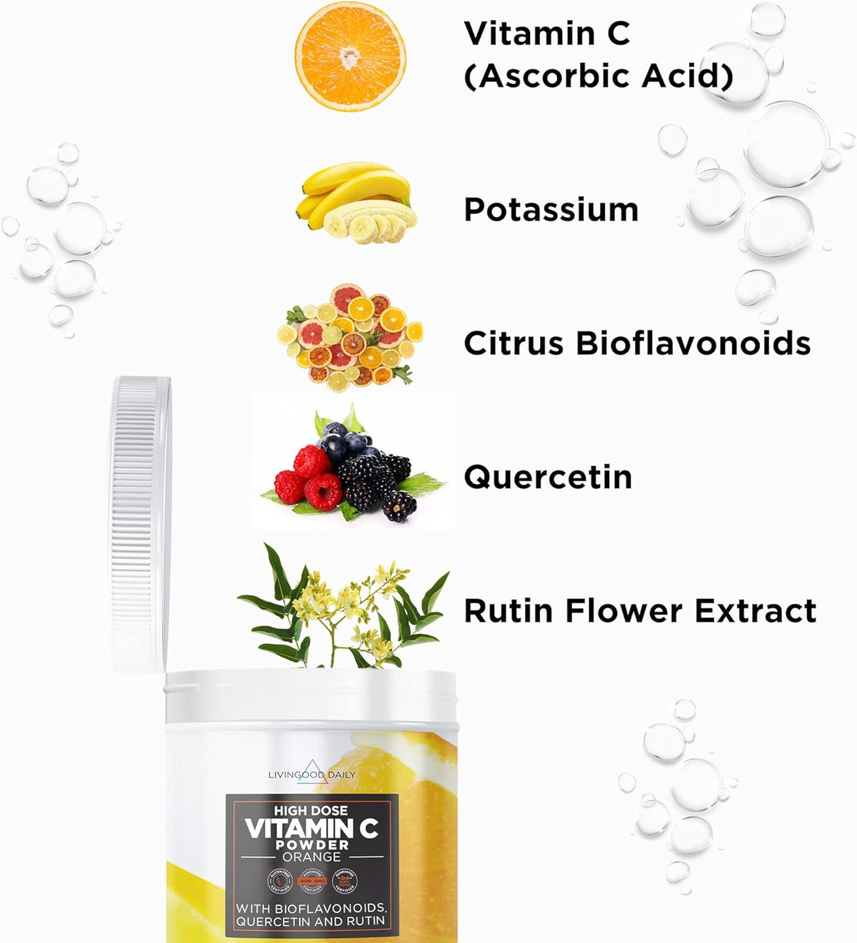 Vitamin C Powder Supplement - 2,600mg Ascorbic Acid Powder with Quercetin & Citrus Bioflavonoids - Vegan, 30 Servings J774