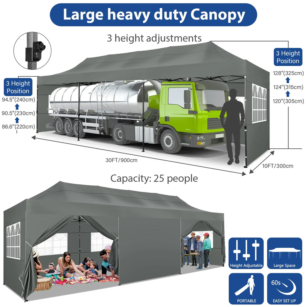 10'x30' Heavy Duty Pop Up Canopy Tent with 8 Removable Sidewalls, Grey A2098