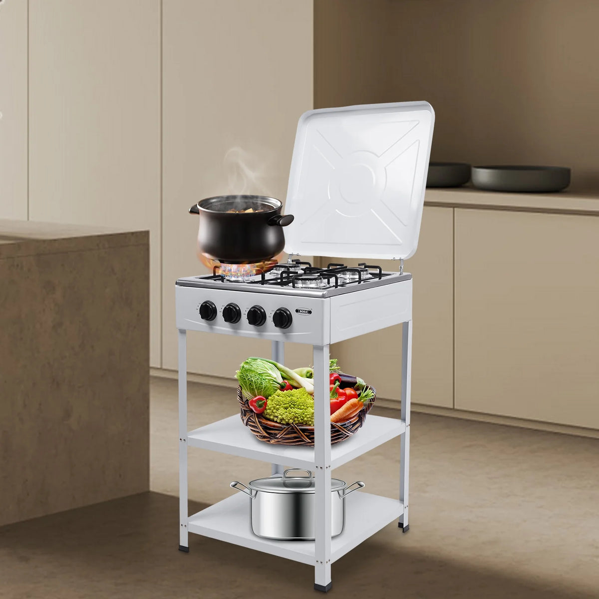 Portable 4 Burner Gas Stove with Support Leg Stand and Storage Rack R963546