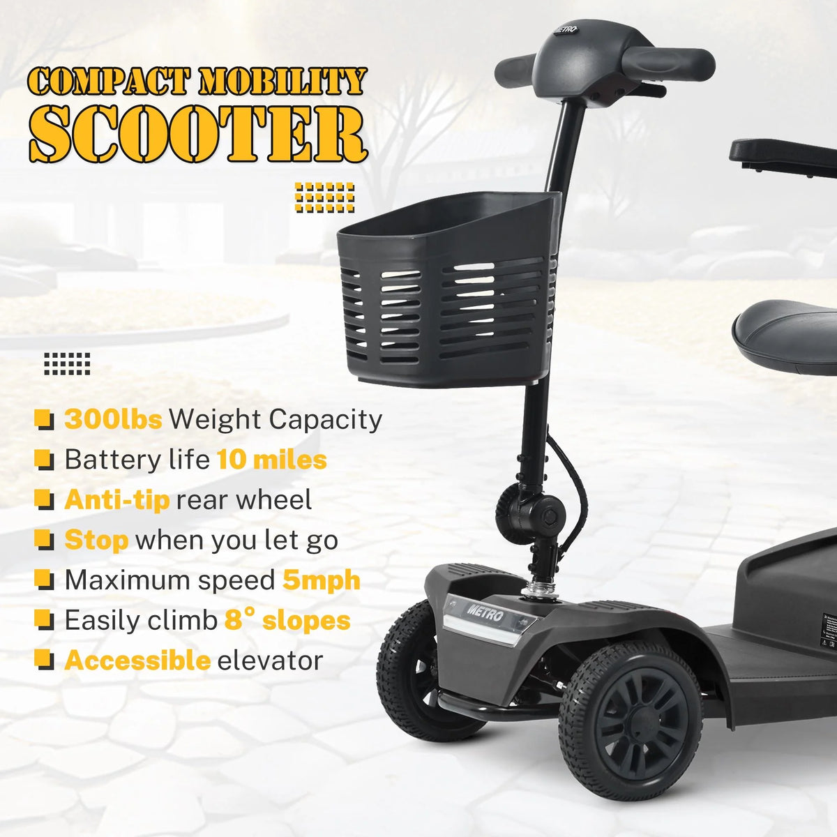 Heavy Duty 4-Wheel Mobility Scooter with Front & Rear Light, Black Y5489