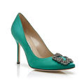 Green Satin Jewel Buckle Pumps D689426