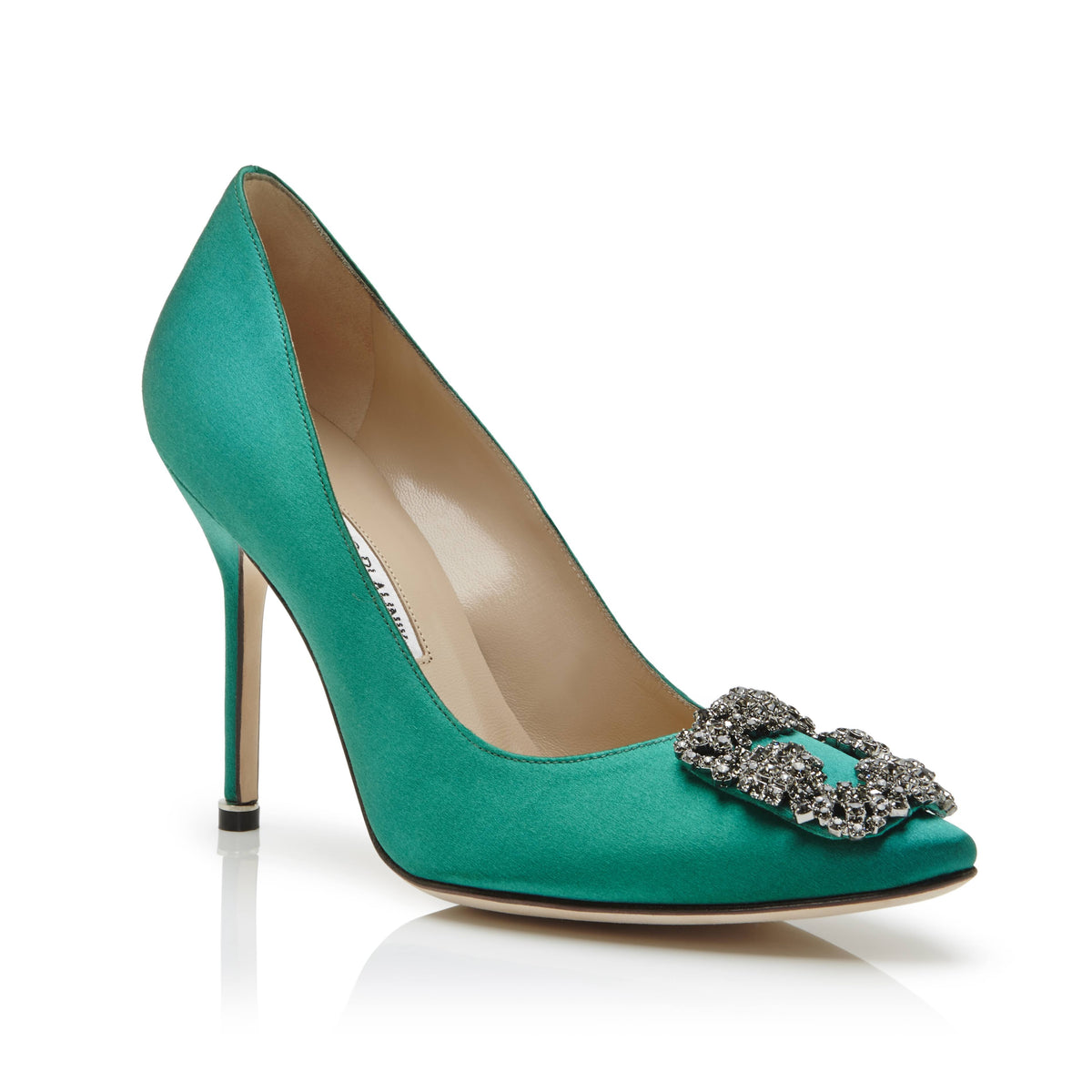 Green Satin Jewel Buckle Pumps D689426