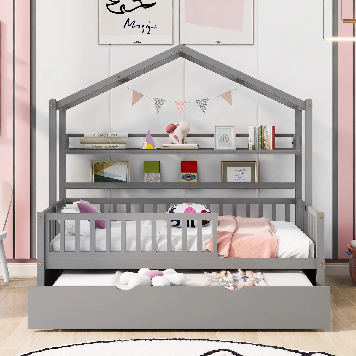 Wood Twin Size House Bed with Bookcase and Trundle E82367