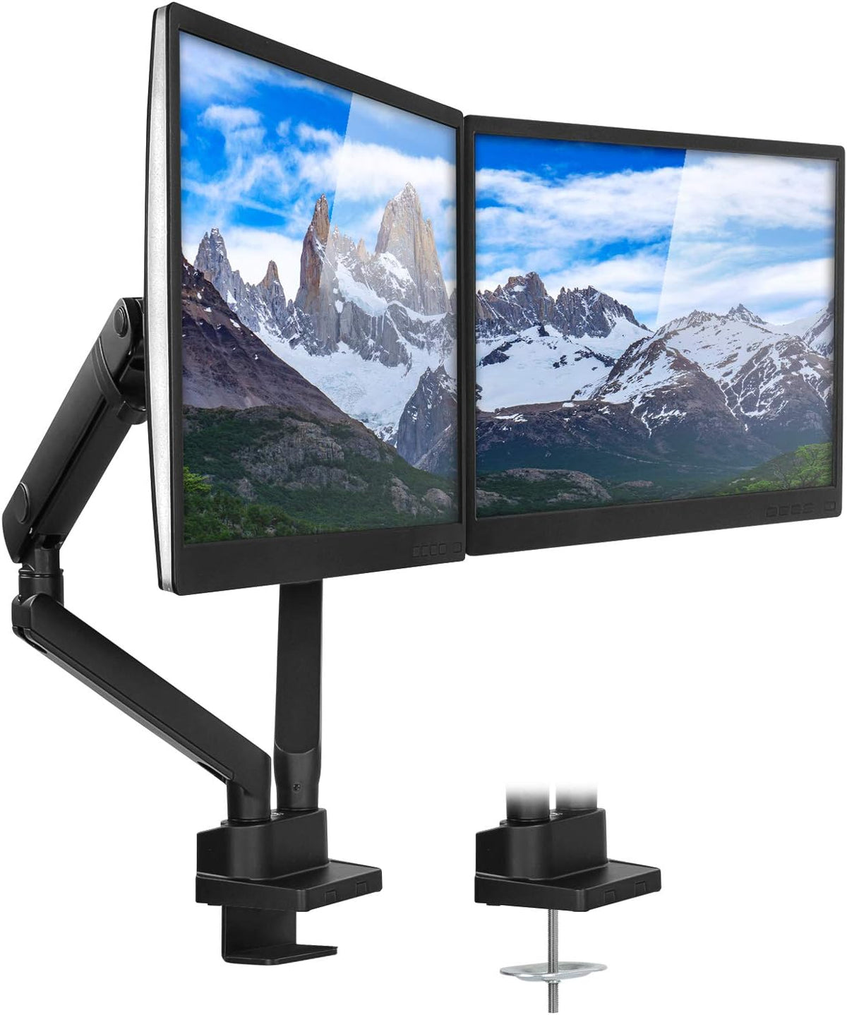 Dual Monitor Arm Mount Desk Stand, Height Adjustable, Fits Two 24 27 29 30 32 Inch VESA 75 100 Screens E67732