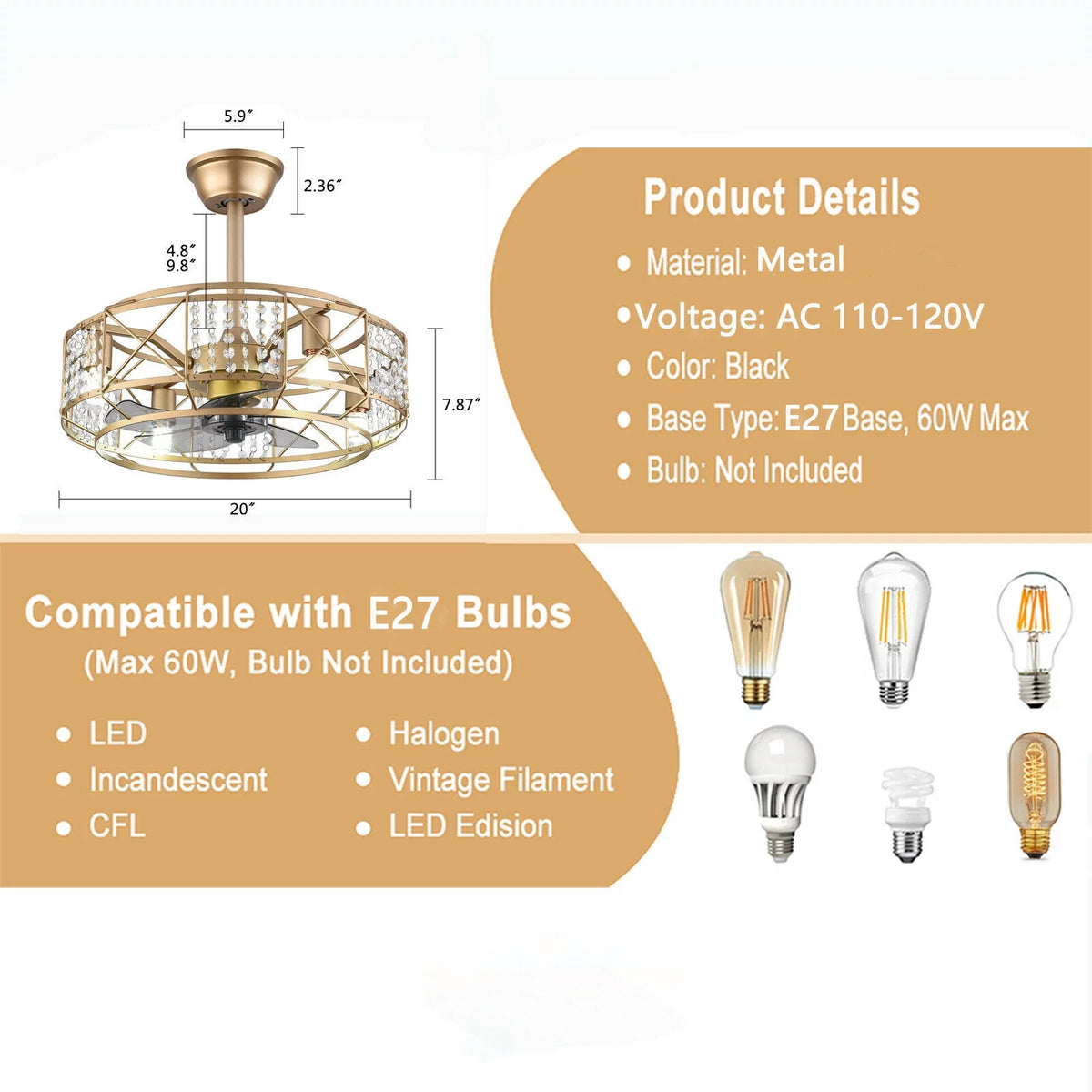 20" Crystal 4 Lights Ceiling Fan L474