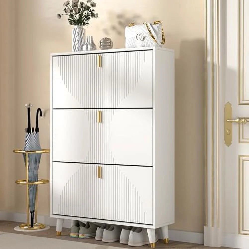 Slim White Shoe Cabinet with Flip Drawer C5464