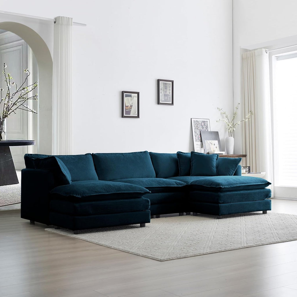 U Shaped Convertible Modular Sectional Sofa with Movable Ottomans, 5-Seater Deep Seat Chenille Upholstered Sleeper Sofa N6693