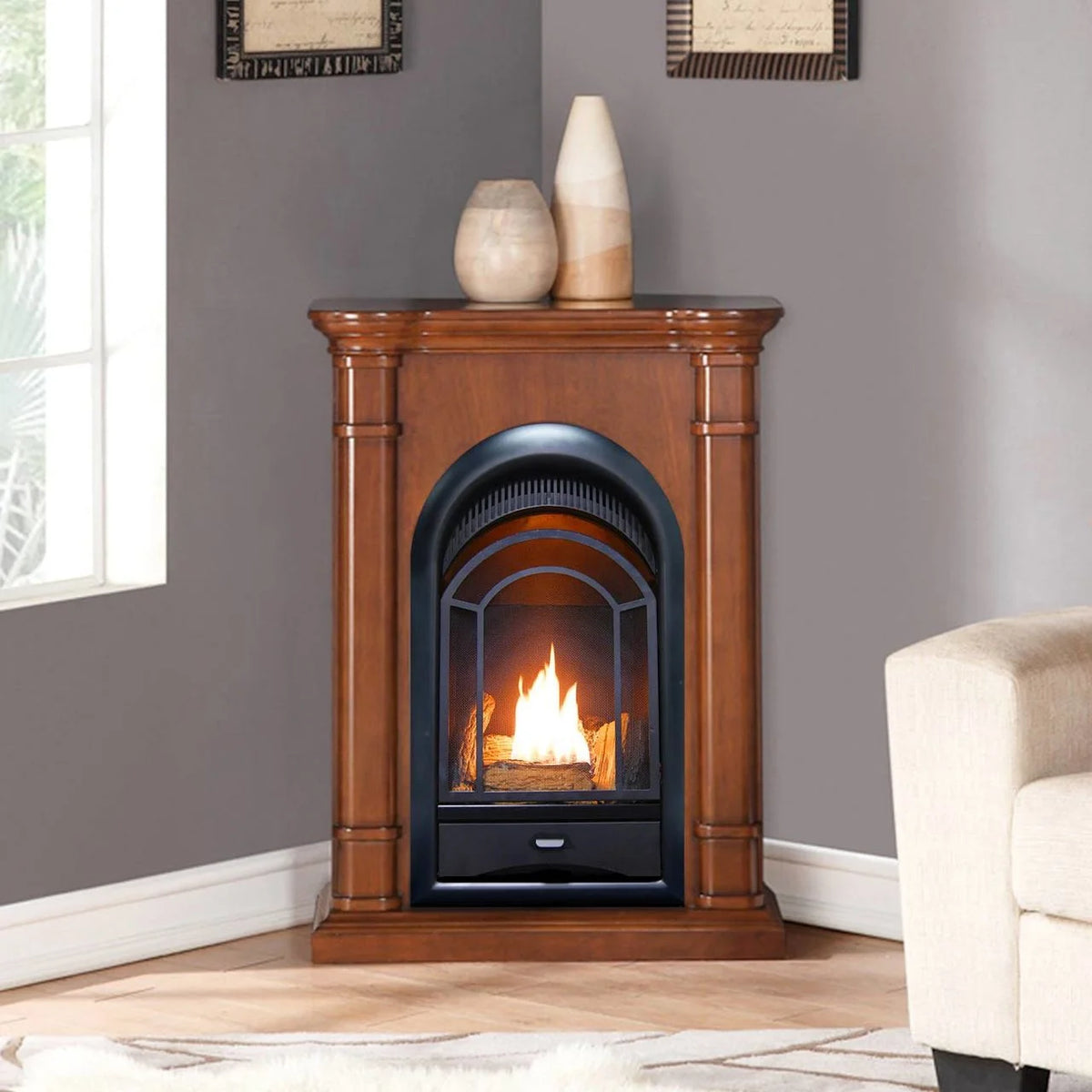 Ventless Fireplace System 10K BTU Duel Fuel Thermostat Insert and Mantel P777