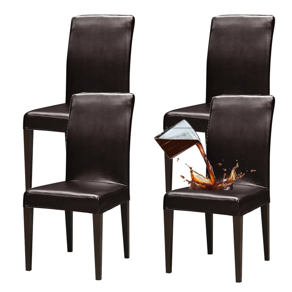 Brown Waterproof Oilproof Stretch PU Leather Dining Chair Covers Set of 4 W225