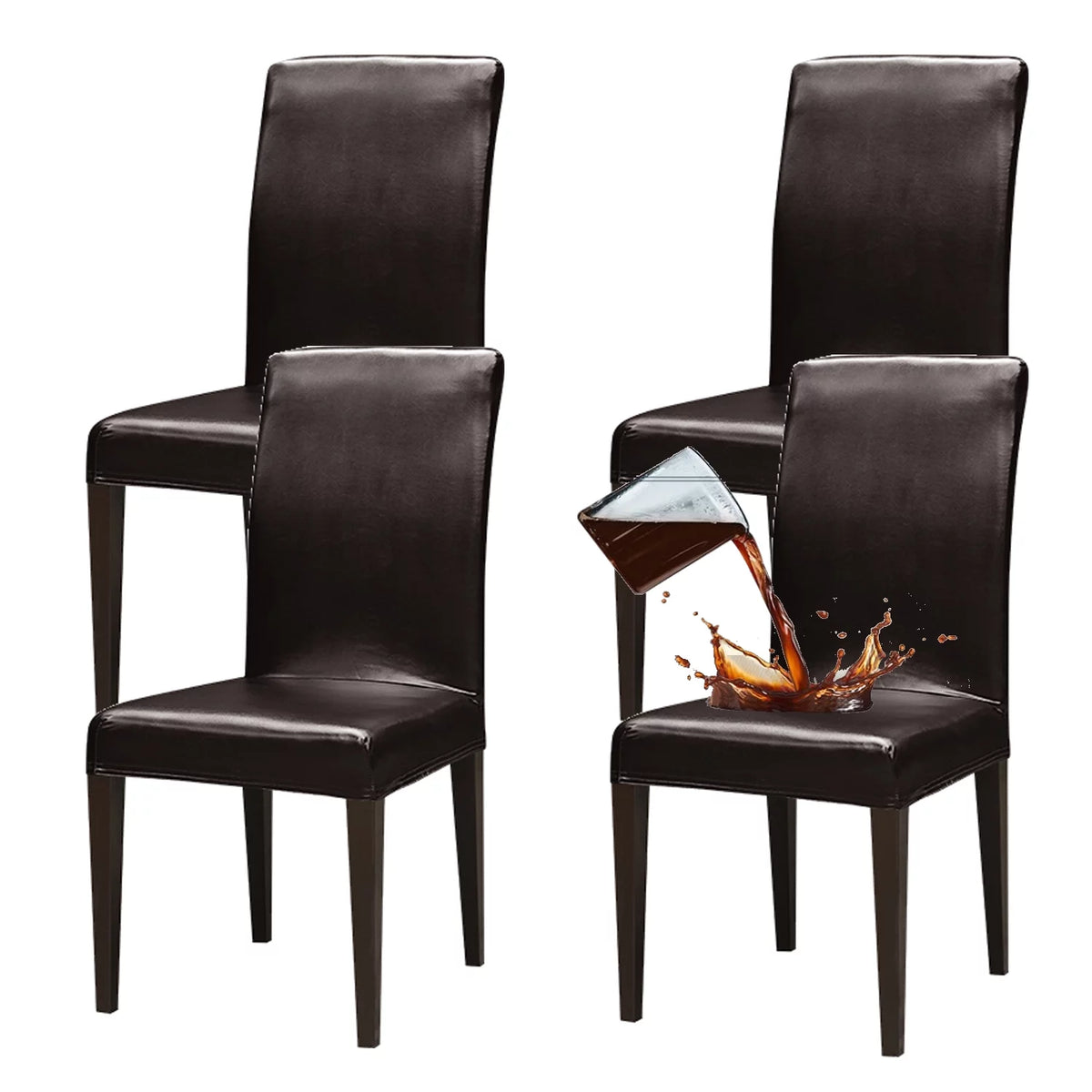 Brown Waterproof Oilproof Stretch PU Leather Dining Chair Covers Set of 4 W225