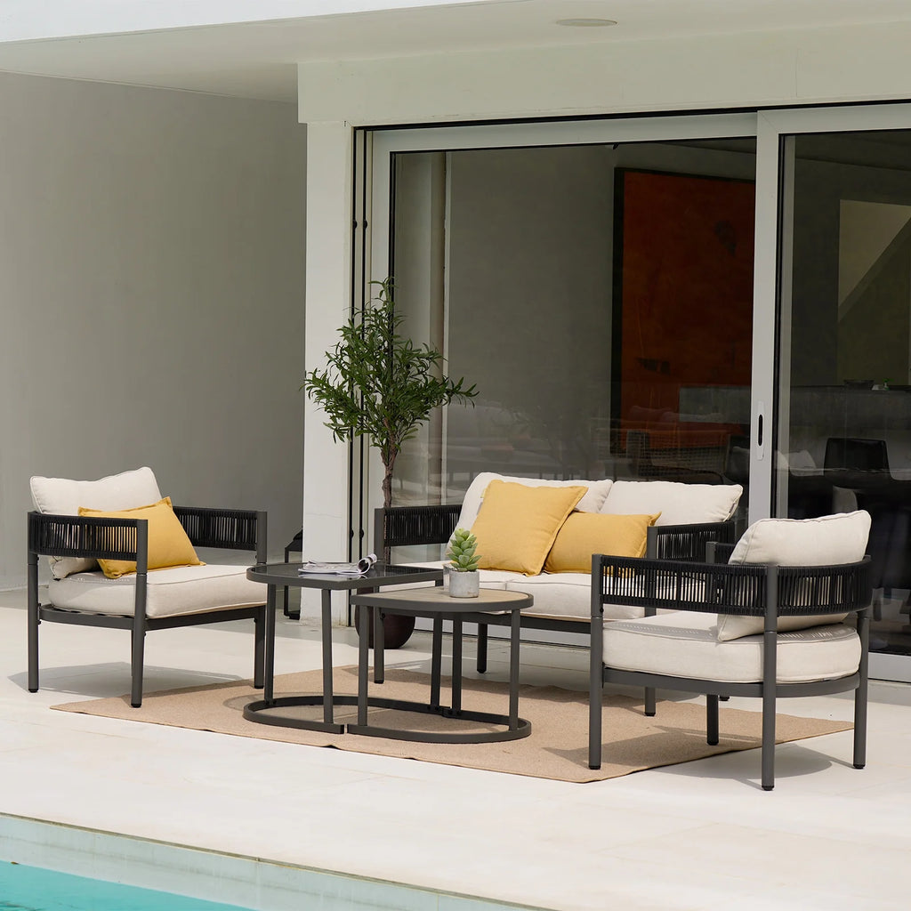 5-Piece Woven Wicker Outdoor Conversation Set with Cushions and Nested Table C137
