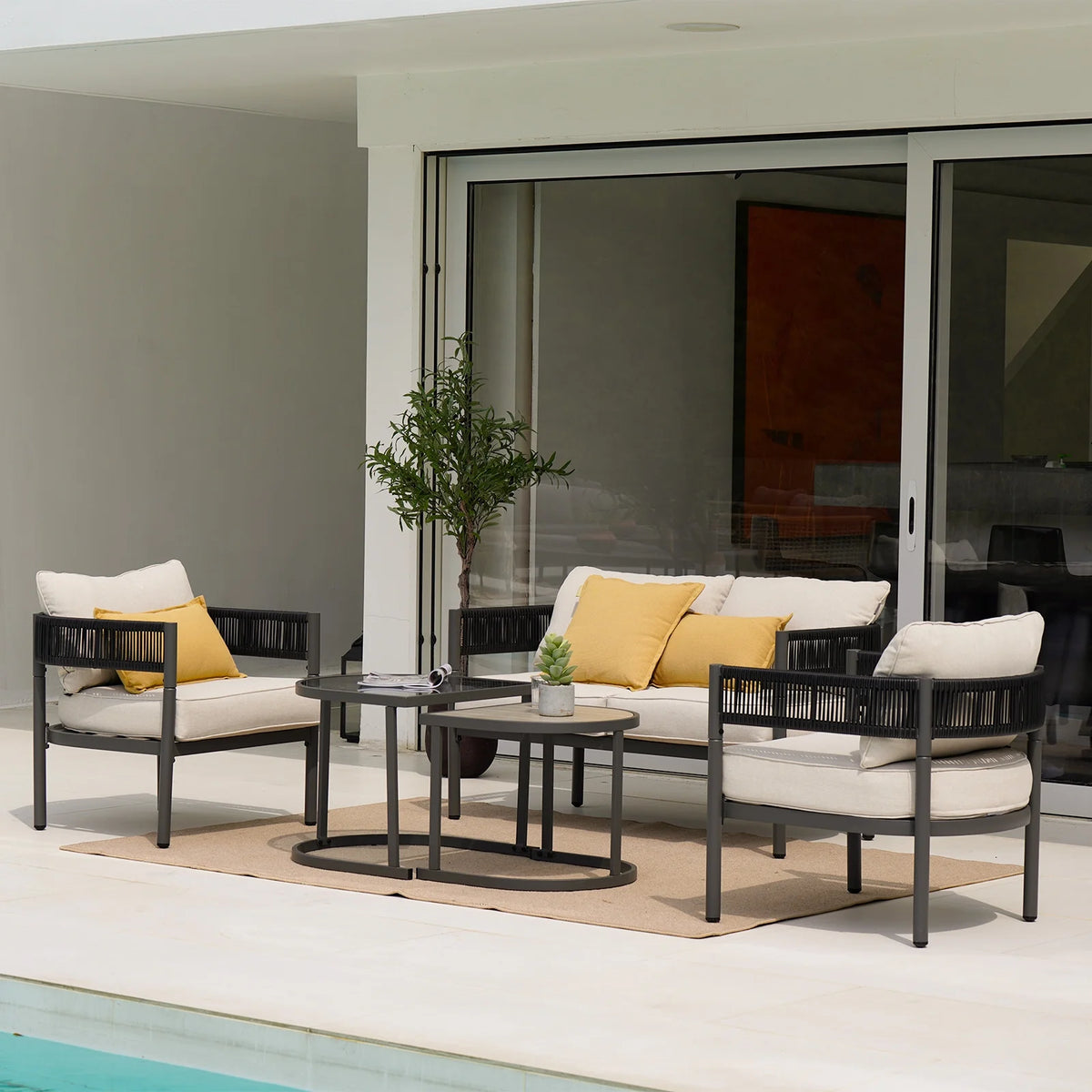 5-Piece Woven Wicker Outdoor Conversation Set with Cushions and Nested Table C137