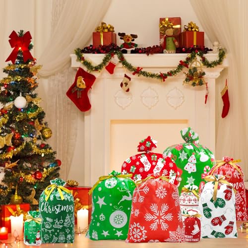 43 PCS Christmas Drawstring Gift Bags Assorted Sizes with Rope G2578