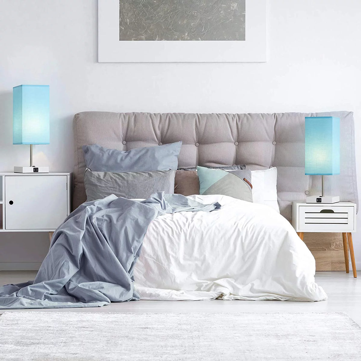 Bedside Table Lamp Set of 2 with Dual USB Charging Port, Blue Lampshade I524