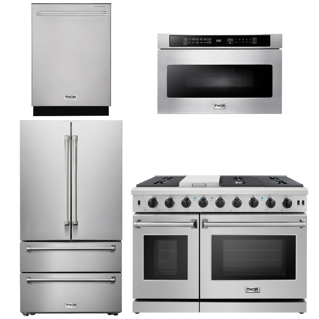 48 In. Propane Gas Range, Dishwasher, Refrigerator, Microwave Drawer E1489