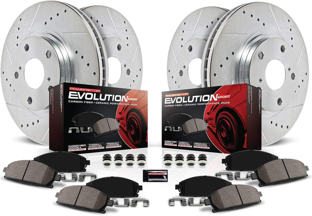 Front and Rear Carbon Fiber Brake Pads with Drilled & Slotted Brake Rotors Kit W8040