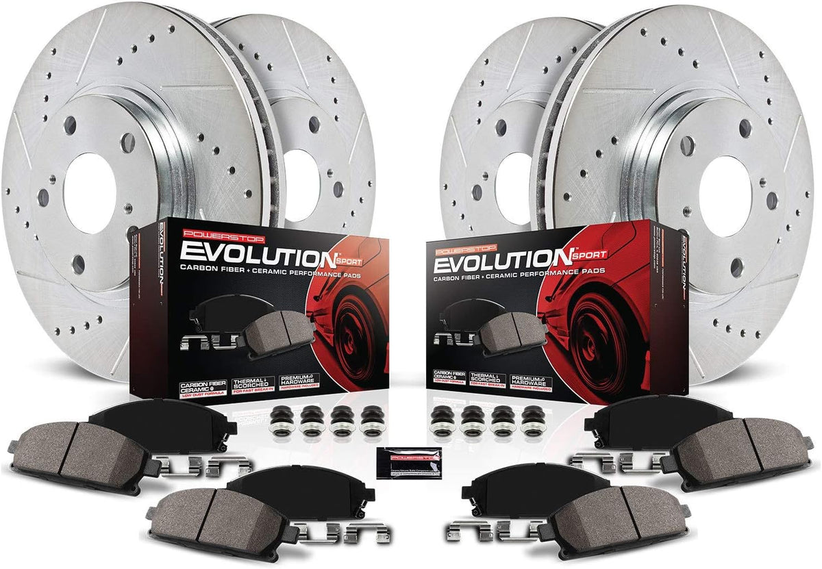 Front and Rear Carbon Fiber Brake Pads with Drilled & Slotted Brake Rotors Kit W8040