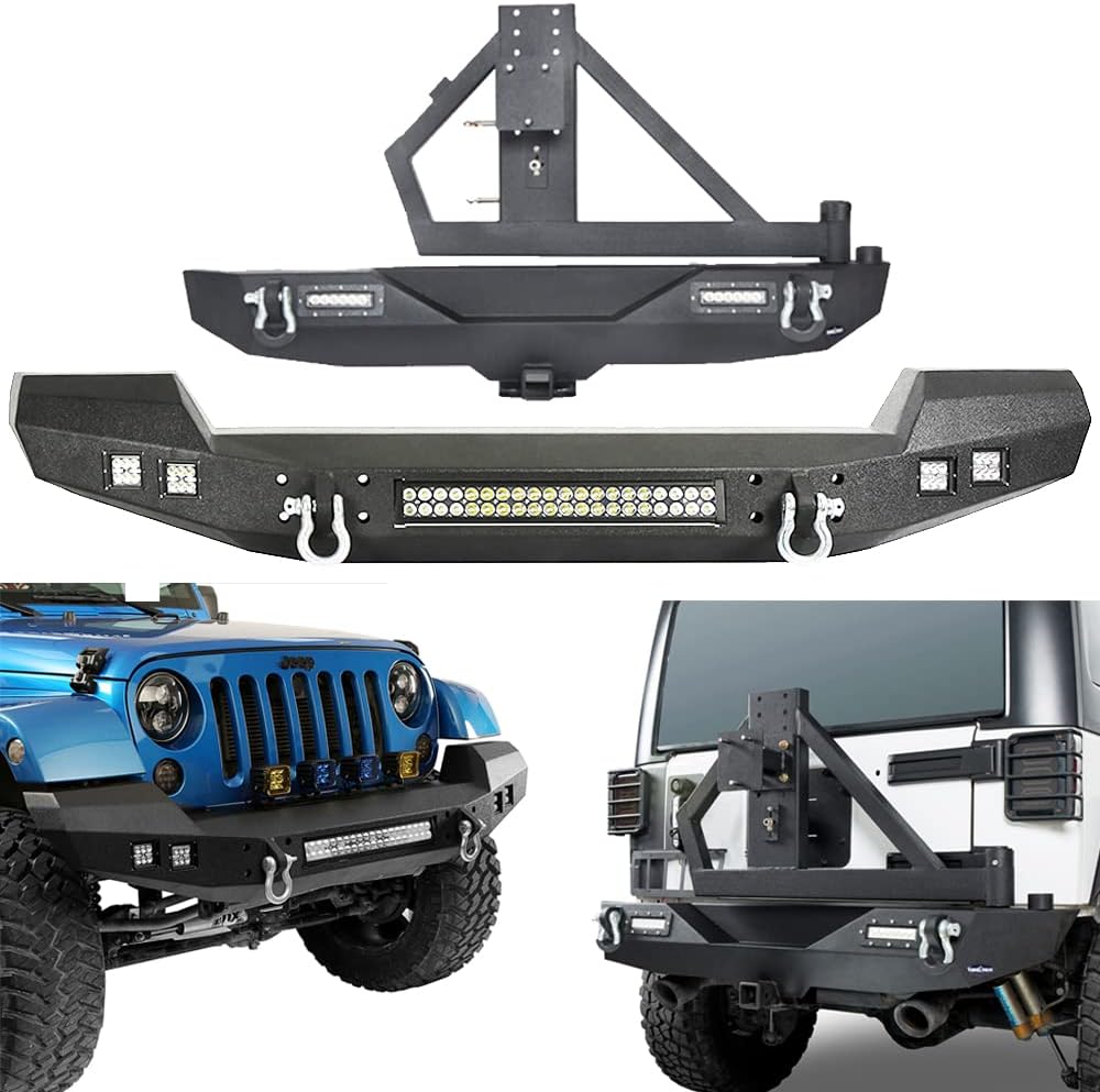 Front and Rear Bumpers with Tire Carrier & LED Light Bar & Hitch Receiver O758942