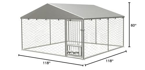Large Outdoor Galvanized Steel Dog Kennel with Cover, 90" L x 90" W x 65" H Z323042