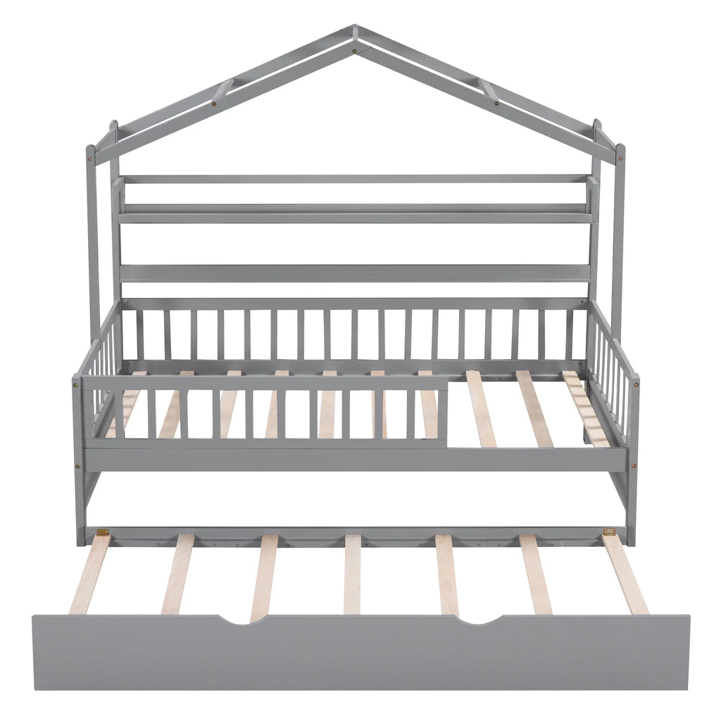 Wood Twin Size House Bed with Bookcase and Trundle E82367