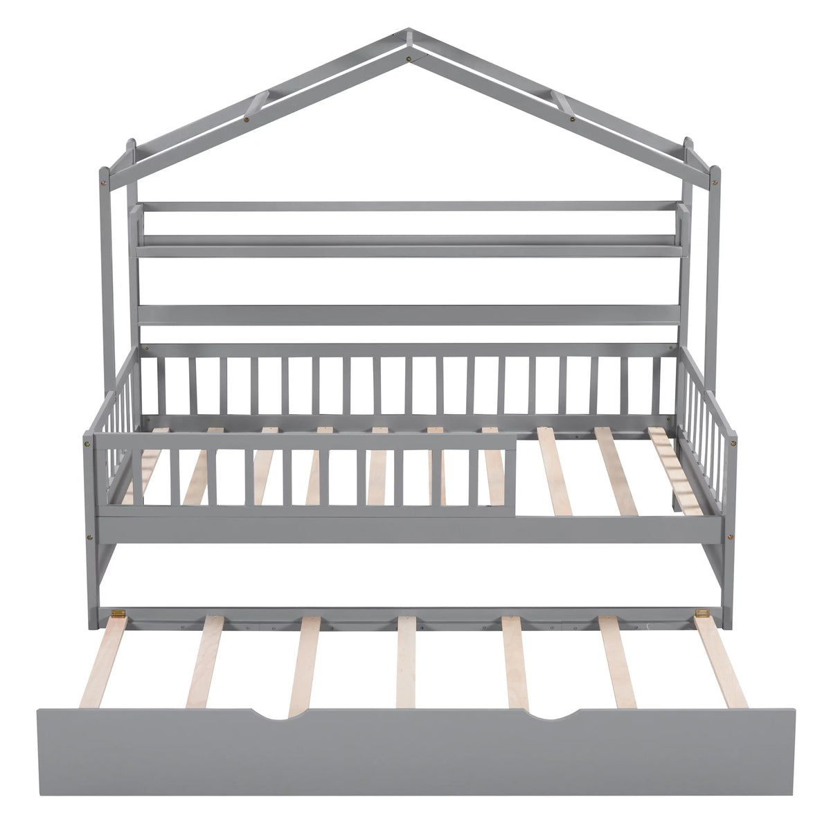 Wood Twin Size House Bed with Bookcase and Trundle E82367